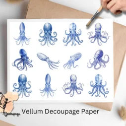 Twelve images of squids in blue ink.