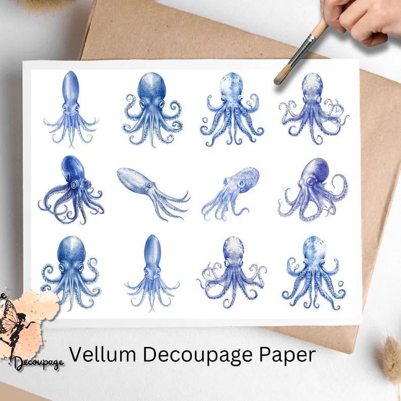 Twelve images of squids in blue ink.