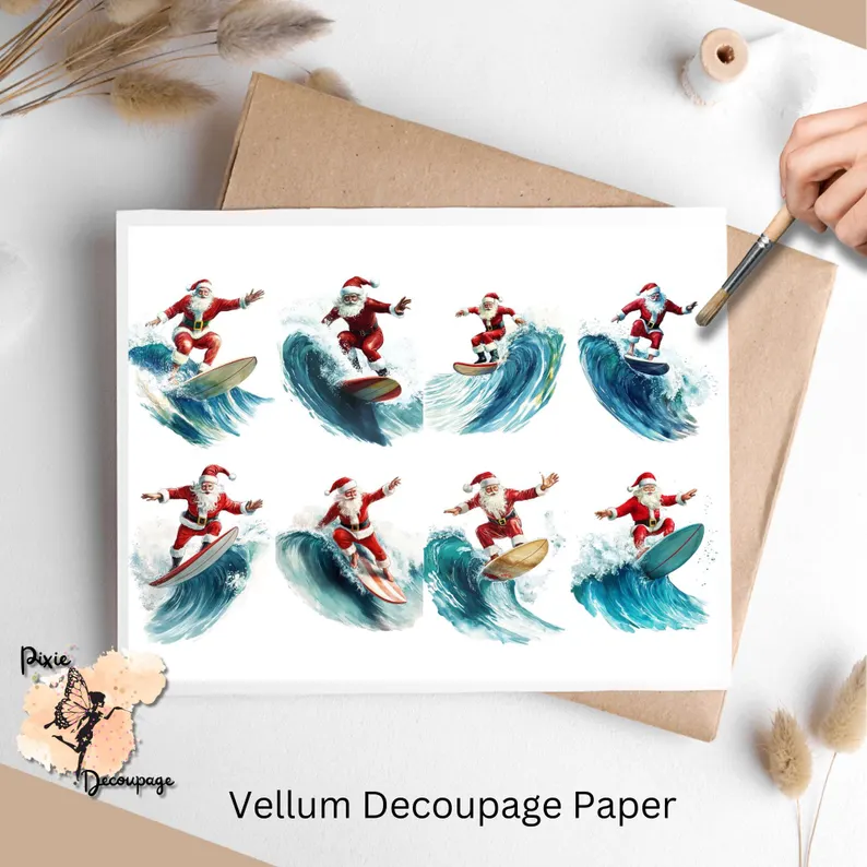 Eight images of a surfing Santa.