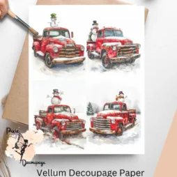 Four images of red trucks with greenery and snowman.