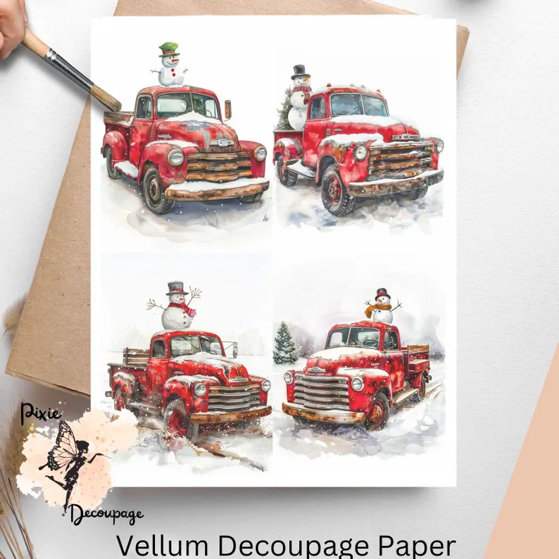 Four images of red trucks with greenery and snowman.