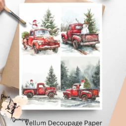 Four images of red trucks with greenery and snowman.