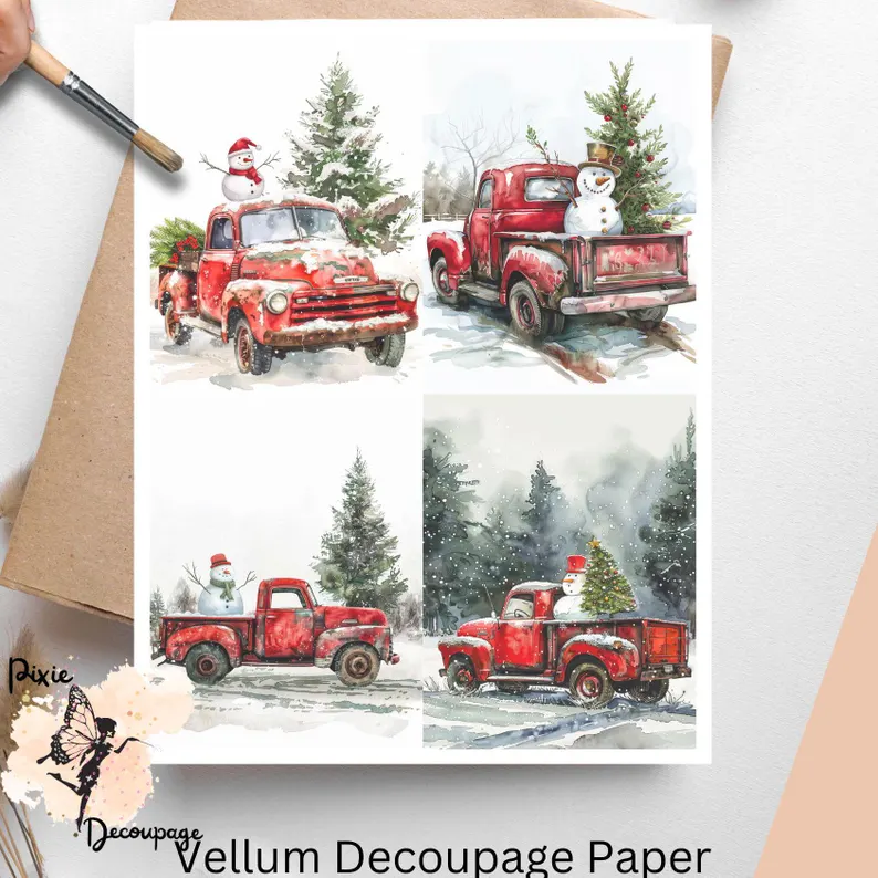 Four images of red trucks with greenery and snowman.