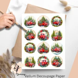 Twelve circular images of red trucks with greenery.