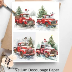 Four images of red trucks with greenery and snowman.
