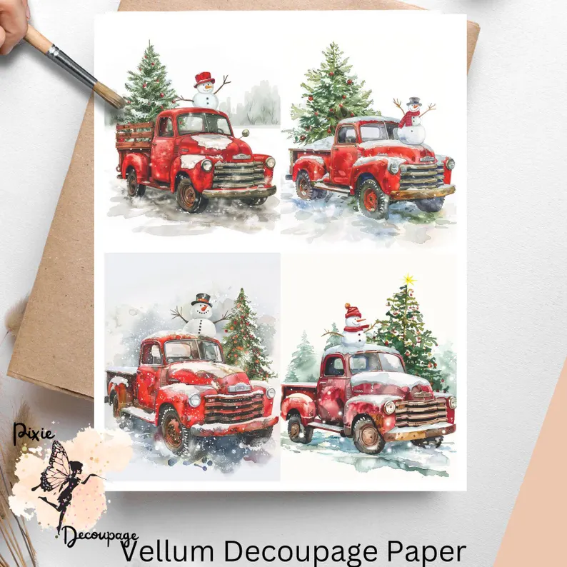 Four images of red trucks with greenery and snowman.