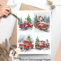 Four images of a red truck with greenery and a snowman.