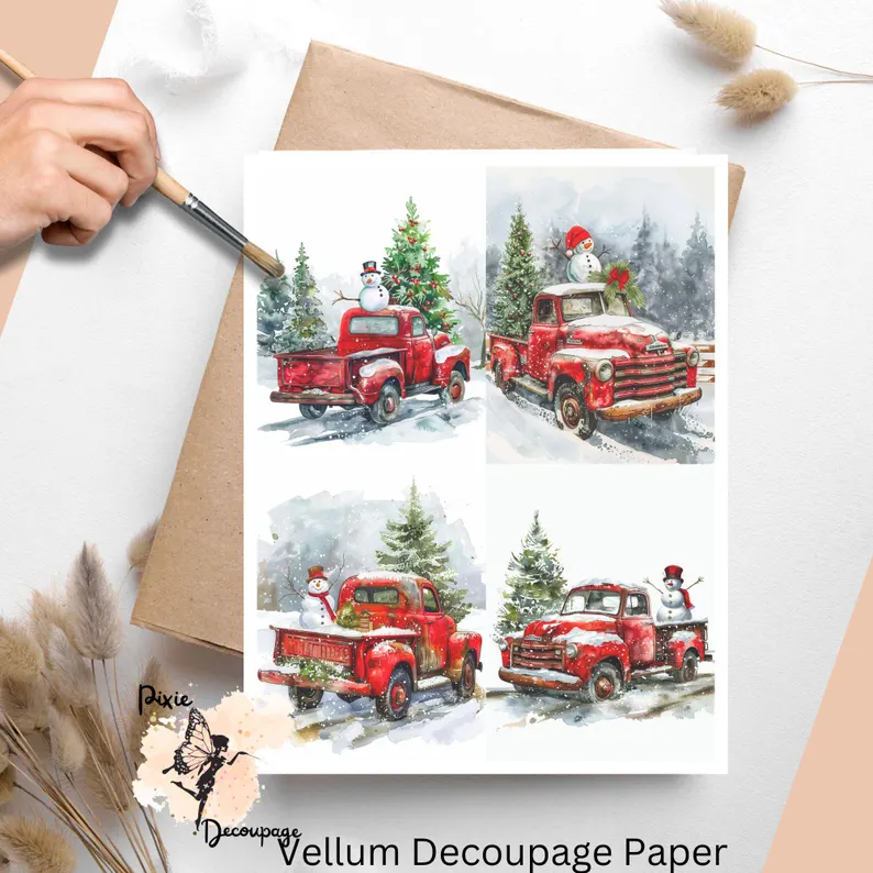 Four images of a red truck with greenery and a snowman.
