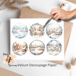 Six circular images of a winter village.