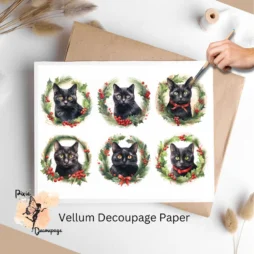 Six black cats and wreaths.