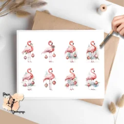 Eight images of flamingos.