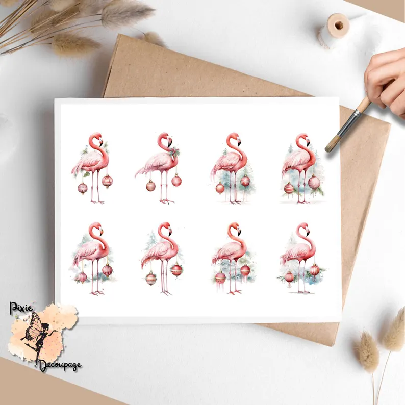 Eight images of flamingos.