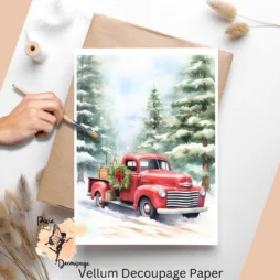 Image of a red truck in a Christmas scenery.