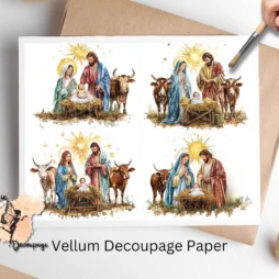 Four images of a manger scene.