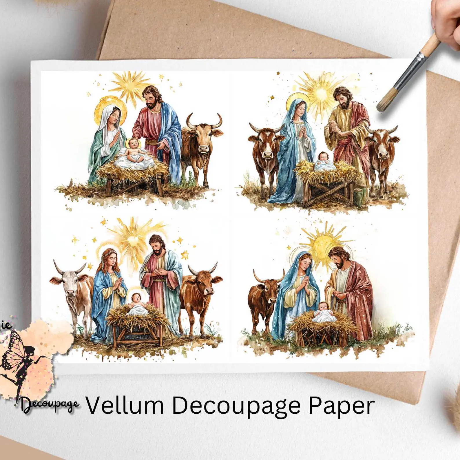 Four images of a manger scene.