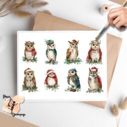 Eight images of owls in holiday attire.