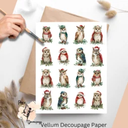 Sixteen images of owls in holiday attire.