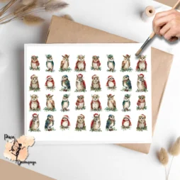 Thirty two images of owls in holiday attire.