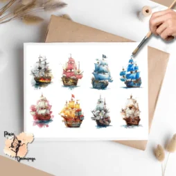 Eight images of pirate ships.