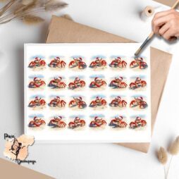 Twenty four images of red crabs wearing Santa hats.