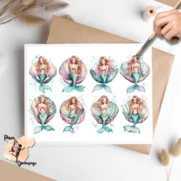 Eight images of mermaids in seashells.