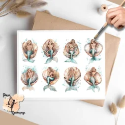 Eight images of mermaids in seashells.