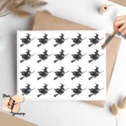Twenty images of witches on brooms.