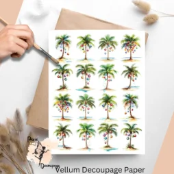 Sixteen images of palm trees with Xmas ornaments.