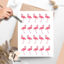 Twenty images of pink flamingos.