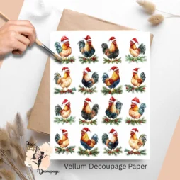 Sixteen images of rooster and santa hats.