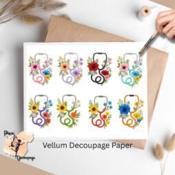 Eight images of stethoscope and flowers.