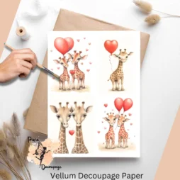 Four images of giraffes and heart balloons.