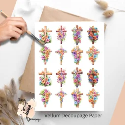 Sixteen images of crosses and florals.
