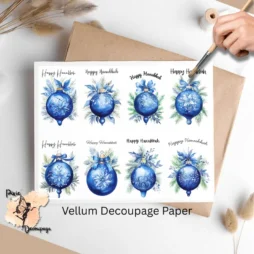 Eight images of blue baubles and the text 'happy hanukkah'