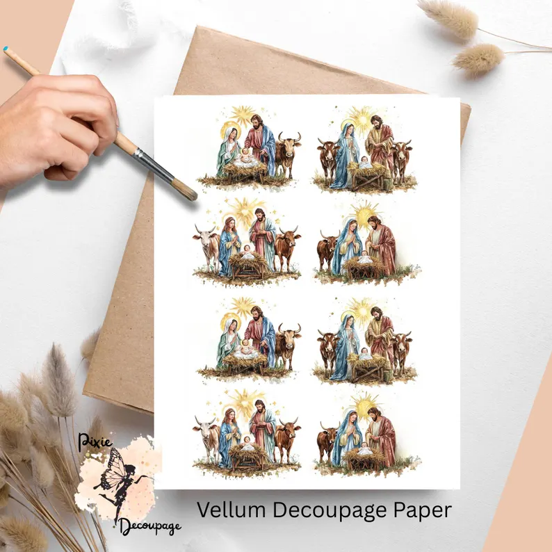 Eight images of manger scenes.
