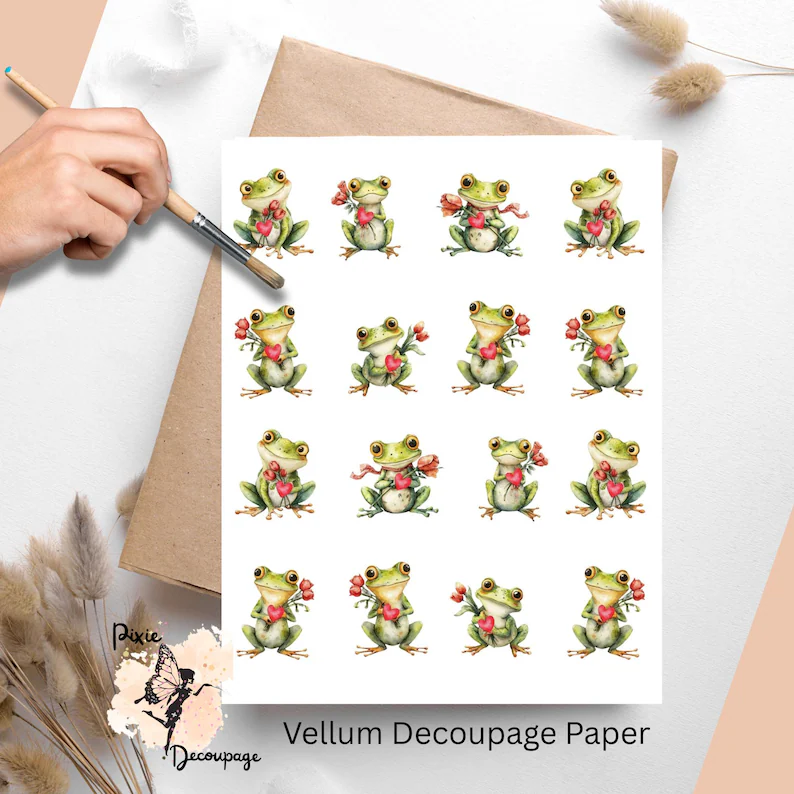 Sixteen images of green frogs holding flowers.