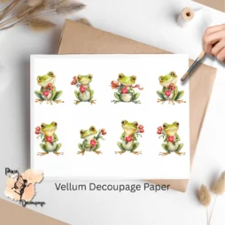 Eight images of green frogs holding flowers.