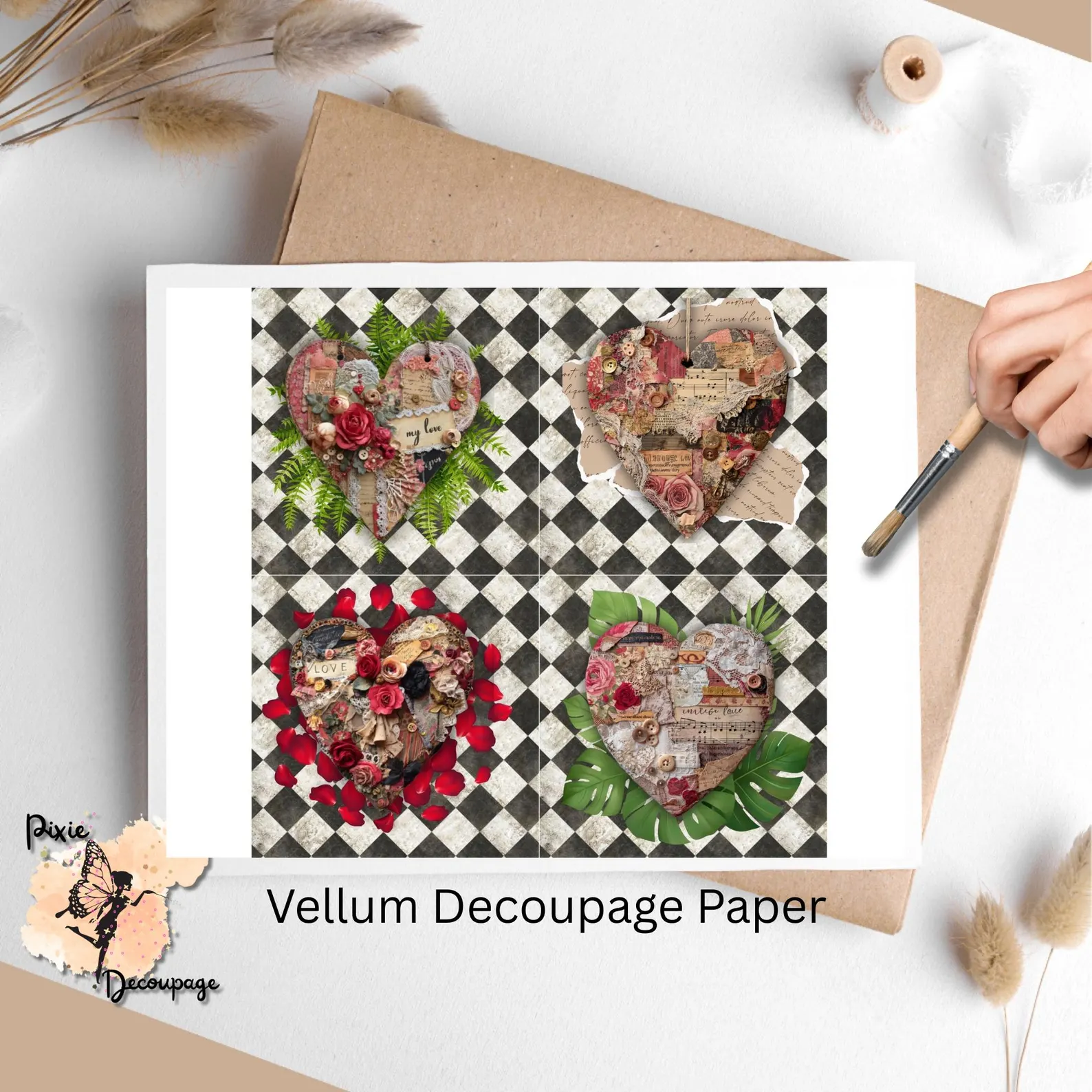 Four images of hearts against a checkered background.