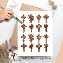 Sixteen images of crosses and roses.