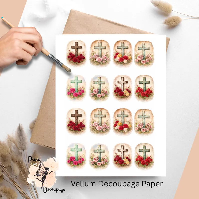 Sixteen images of the holy cross and roses.