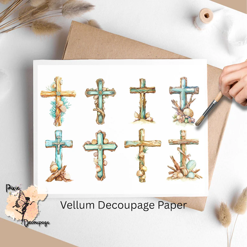 Eight images of crosses and seashells.