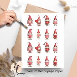 Sixteen images of gnomes dressed in red.