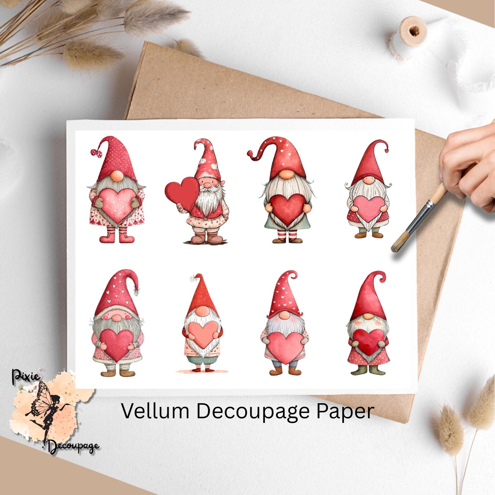 Eight images of gnomes dressed in red.