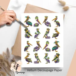 Sixteen images of pelicans in Mardi Gras colors.