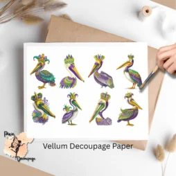 Eight images of pelicans in Mardi Gras colors.
